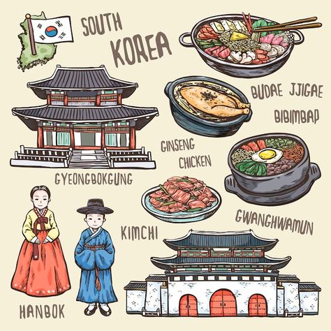 South Korea Culture, Korea Map, Seni Korea, Korean Illustration, Seoul Korea Travel, Learn Korea, Korean Words Learning, South Korea Seoul, Korean Phrases