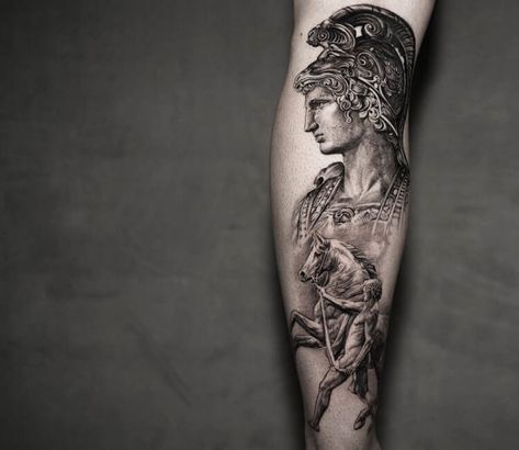 Alexander The Great Tattoo Sleeve, Alexander The Great Tattoos, Alexander The Great Tattoo Design, Greek Tattoo Designs Mythology, Macedonia Tattoo, Alexander The Great Tattoo, Greek Style Tattoos, Alexander The Great Statue, Statue Tattoo