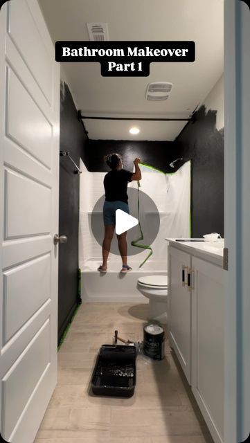 Ruchika Khatri on Instagram: "Are you excited for part 2?😍 . . . #bathroomrenovation #bathroomdesign #bathroomremodel #bathroomdiy #diyprojects #homeimprovement #bathroomdesign #bathroominspiration #blackbathroom #sw #triconblack #bathroomgoals #interiordesign #bathroominterior #homemakeover #diyhomedecor #interiordesign #interiordecorating #usa" Black Gray Bathroom Ideas, Black Wall In Bathroom Ideas, English Modern Bathroom, Black Bathroom Remodel Ideas, Black Bathroom Makeover, Black Grey Wood Bathroom, Black And Earthy Bathroom, White Oak And Black Bathroom, All White Small Bathroom