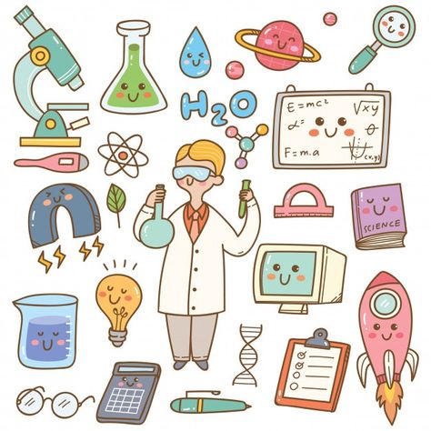 Scientist with laboratory equipment cart... | Premium Vector #Freepik #vector #background #kids #technology #education Cute Science Doodles, Science Stickers Printable, Laboratory Stickers, Laboratory Drawing, Scientist Drawing, Doodle Science, Scientist Illustration, Laboratory Illustration, Lab Illustration