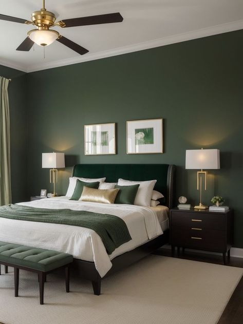 Black And Green And White Bedroom, Bedroom Inspirations Forest Green, Black White And Forest Green Bedroom, Black White And Hunter Green Bedroom, Black Room With Green Accents, White Bedroom With Dark Green Accents, Bed Back Wall Painting Design, Green Room Black Furniture, Black Headboard Green Bedding