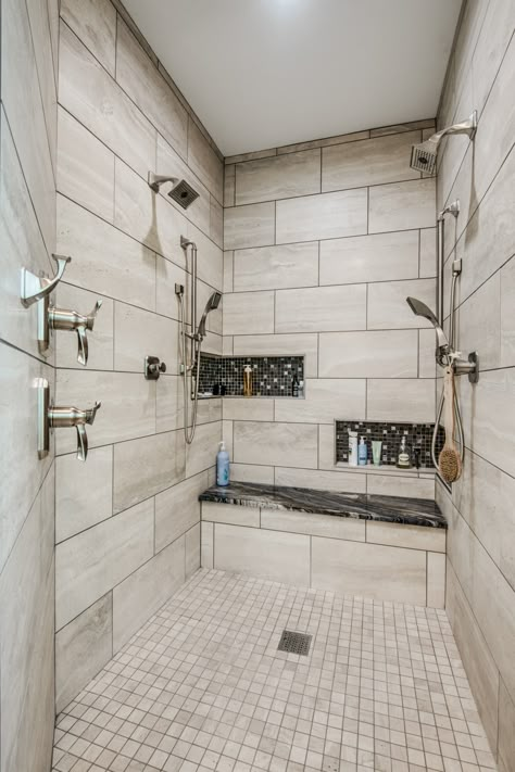 Small Shower With Two Shower Heads, Walk In Shower Ideas With 2 Shower Heads, Walk In Shower Floor Plan, Walk In Shower No Door Two Shower Heads, Shower Dual Shower Heads, Walk In Shower With Dry Off Area, Multihead Shower Master Bath, Shower Two Heads Walk In, Showers With Dual Heads