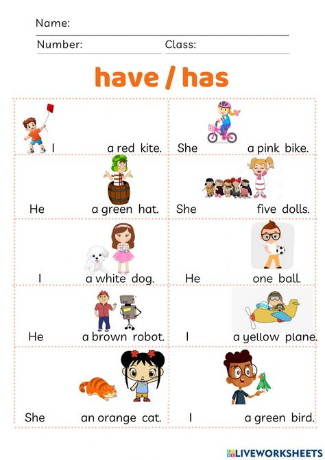 Have - has online worksheet for 1. You can do the exercises online or download the worksheet as pdf. Use Of Has And Have, Has Or Have Worksheets Kids, Use Of Has And Have For Grade 1, Has And Have, Has And Have Worksheets For Grade 1, Has Or Have, Do You Have Worksheet, Verb To Have Worksheets For Kids, Have To Has To Worksheet