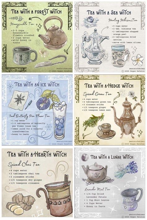 Tea With A Hedge Witch, Witchy Tea Aesthetic, Cottage Witch Recipes, Fantasy Snack Ideas, Tea With A Witch, Drinkable Potions Witchcraft, Witch Food Recipes, Witchy Tea Party, Tea Potions