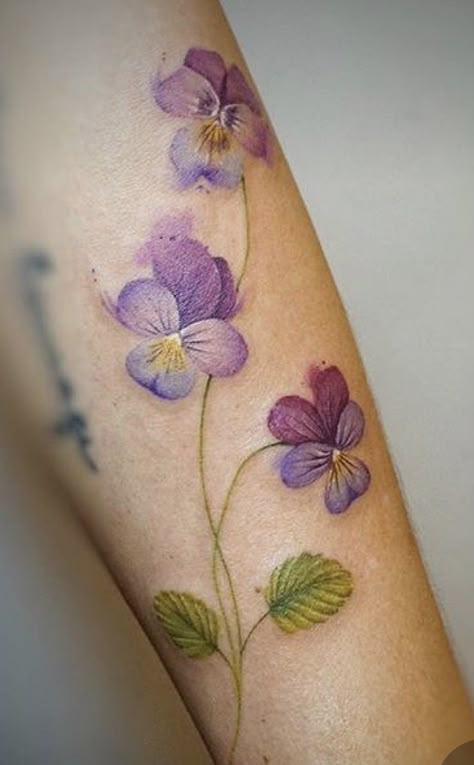 Violet Flower Tattoo, Watercolor Flower Tattoo, Pansy Tattoo, Violet Flower Tattoos, Violet Tattoo, Tattoo Watercolor, Watercolor Tattoo Flower, Tattoos For Women Flowers, Handpoke Tattoo