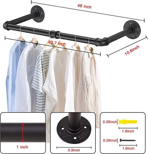 Clothes Hanging Ideas, Wall Clothing Rack, Pipe Closet, Wood Clothing Rack, Clothing Display Rack, Wall Mounted Clothing Rack, Pipe Clothes Rack, Wood Clothing, Bathroom Towel Storage