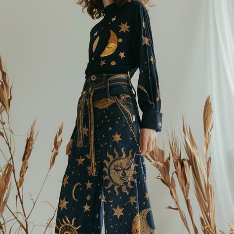 sun custom jeans Blue Celestial Outfit, Mooncore Clothes, Astronomer Aesthetic Outfit, Jean Art Painting, Celestial Witch Aesthetic Outfit, Sun Aesthetic Clothes, Sun Themed Clothes, Suncore Outfits, Sun Outfit Aesthetic