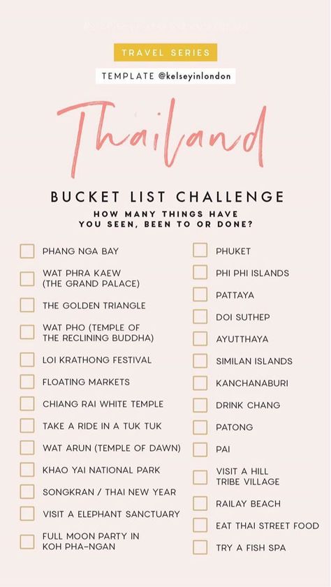 Bucket List Challenge, Thailand Bucket List, List Challenges, Travel Checklist, Bucket List Destinations, Travel List, Future Travel, Travel Instagram, Thailand Travel