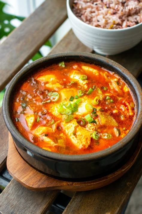 Soondubu Jjigae (Korean Soft Tofu Stew) - Cookerru Soondubu Recipe, Soft Tofu Stew, Soondubu Jjigae, Jjigae Recipe, Pumpkin Pie Cookie, Tofu Stew, Easy Korean Recipes, Soft Tofu, Korean Soup