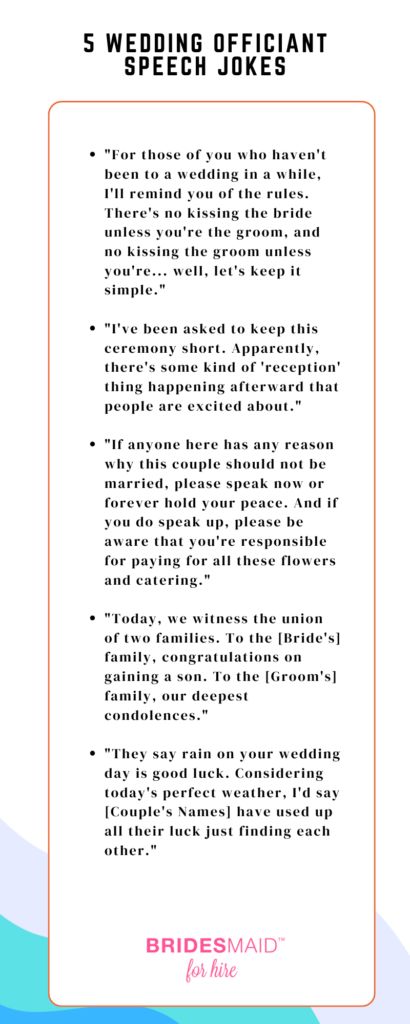 Wedding Officiant Speech Jokes for a Memorable Ceremony Things For Officiant To Say, Christian Wedding Officiant Script, Officiant Questions For Couple, Funny Wedding Scripts, Vow Renewal Ceremony Script For Officiant, Creative Ways To Ask Someone To Officiate Your Wedding, Officiant Proposal Ideas Women, Ordained Minister Speech Wedding Script, Officiant Speech Template