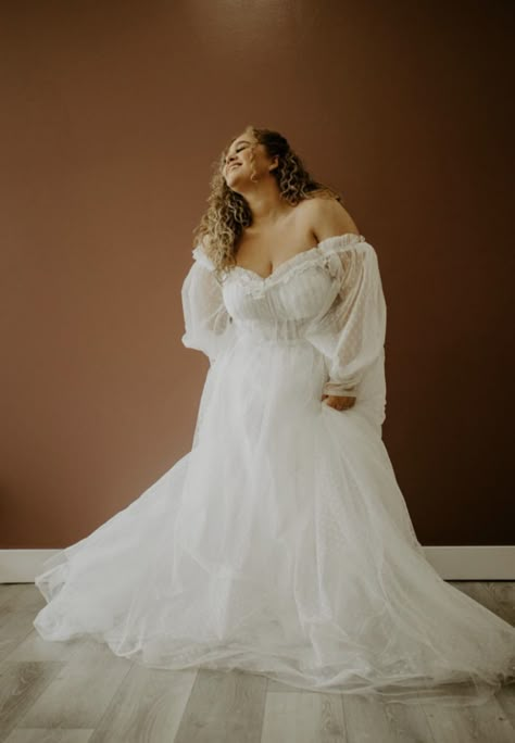 Ballgown Wedding Dress With Puffy Sleeves, Victorian Wedding Dress Plus Size, 70s Wedding Dress Plus Size, Bell Sleeve Wedding Dress Plus Size, Fairy Tale Wedding Dress Plus Size, Plus Size Wedding Dresses Aesthetic, Puffy Sleeve Wedding Dress Plus Size, Puffy Arm Wedding Dress, Plus Size Cottage Core Wedding Dress