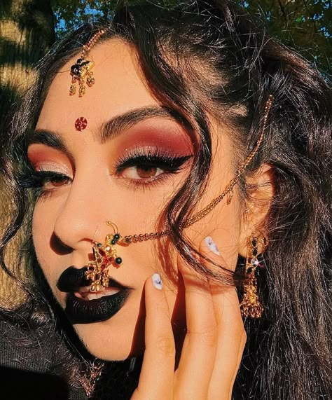 Desi goth 🖤🦇 ( @saharayar ) . . 🌹Follow us for more desi content if viewing on explore🌹 3a Hair Type, Brown Goth, Darkest Academia, Gothic Culture, Indian Wedding Makeup, Gothic Themes, Desi Aesthetics, The Grim Reaper, Black Lipstick