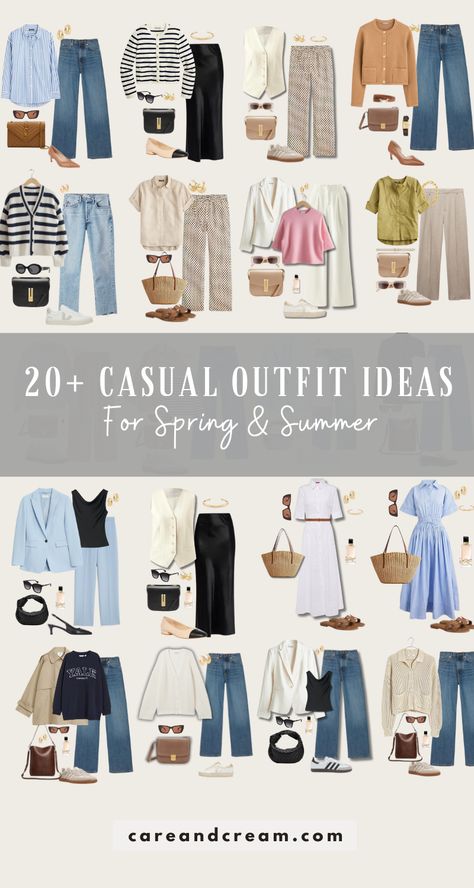 Looking for cute outfits for spring and summer? Check out these 20+ casual chic spring and summer outfit ideas to inspire your wardrobe. Plus: spring outfits, summer outfits, cute summer/spring outfits. Women’s Spring Outfit Ideas, Summer 2024 Women Outfits, Maine Spring Outfit, Spring In Charleston Sc Outfits, Casual Spring Cardigan For Layering, Casual Spring Cardigan For Cool Weather, Snappy Casual Outfits, Cool Spring Day Outfit, Women’s Casual Spring Outfits 2024