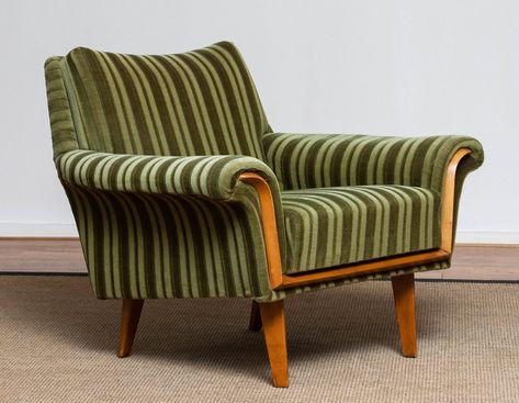 Vintage striped lounge armchair | €1,750 | Whoppah Unique Home Interior, Scandinavian Lounge Chair, Academia Living Room, Danish Lounge Chair, Moroccan Lounge, Green Lounge, Funky Chairs, Velvet Lounge Chair, Mid Century Lounge