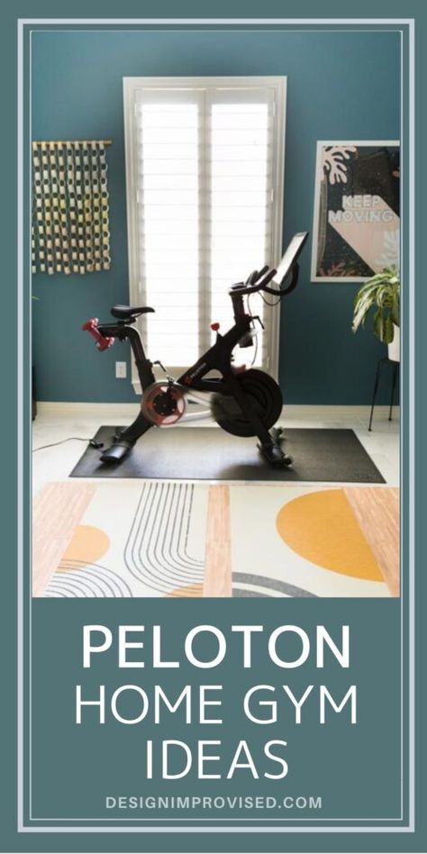 Gym Room Decor Ideas, Workout Space In Living Room, Peloton Room Ideas Small Space, Peloton In Living Room, Exercise Room Decor Ideas, Peloton Room Ideas Bedroom, Tiny Home Gym Ideas, Workout Room Decor Home Gyms, Office With Peloton