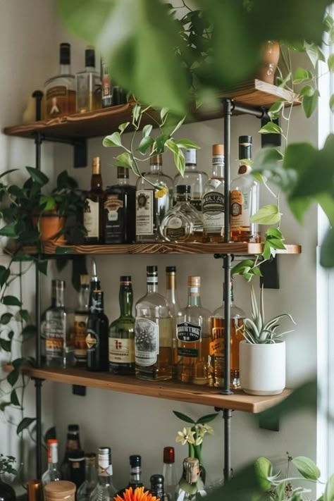 Creative DIY Bar Shelf Ideas for Your Home Bottle Shelf Ideas, Alcohol Area In Home, Bourbon Display Ideas For Home, Bar At Home Aesthetic, Small Bar Wall Ideas, House Bar Aesthetic, Home Bar Area Ideas, Aesthetic Home Bar, Basement Bar Ideas On A Budget Diy