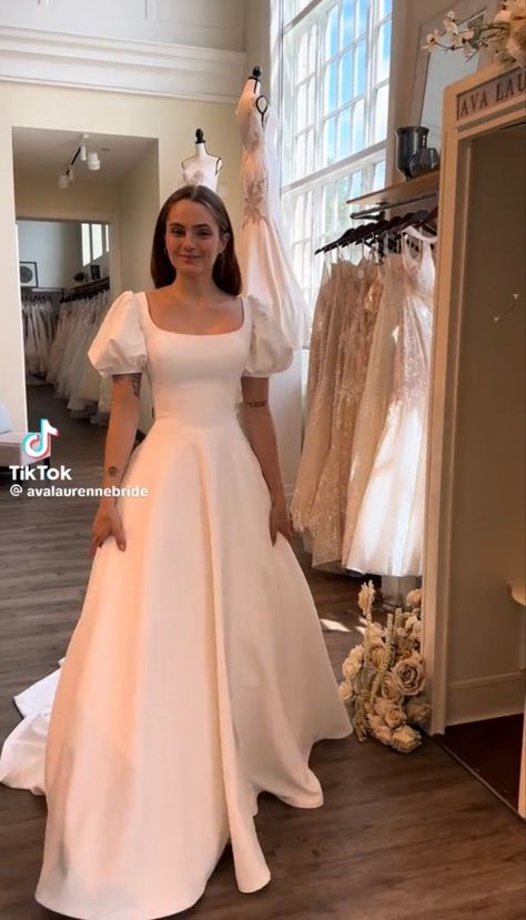 A Line Wedding Dress Puff Sleeves, Silk Wedding Dress With Puffy Sleeves, Vintage Puff Sleeve Wedding Gown, Square Neck Puff Sleeve Wedding Dress, Princess Waist Wedding Dress, Victorian Era Wedding Dress, Classy Wedding Dress With Sleeves, Wedding Dresses With Puffy Sleeves, Wedding Dresses Puffy Sleeves