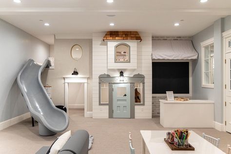 Davies Design Build on Instagram: “Playroom from our 2020 parade home, Maison de Rêve. Is there a playroom in the 2022 @uvparade home, Maple Lake? Well, yes there is. It may…” Beach House Playroom, Finished Basement Playroom, Playhouse Playroom, Basement Playroom Ideas, House Playroom, Custom Playroom, Kids Playroom Basement, Indoor Playroom, Baby Playroom