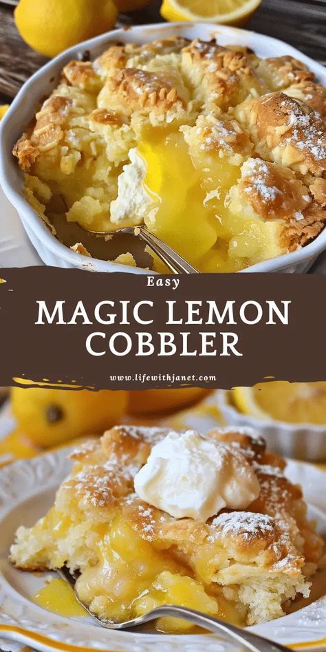 Once you try this wonderfully simple and delectable recipe, you'll regret not finding it sooner – it's that mouthwateringly delicious. Lemon Cobbler Recipes, Magic Lemon Cobbler, Lemon Cobbler, Cobbler Recipes Easy, Lemon Tarts, Pecan Cobbler, Hot Desserts, Pierogi Recipe, Lemon Pie Filling