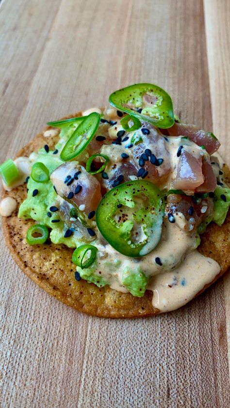 Tuna Tartare Tostada with Chipotle Mayonnaise Peppercorn Cream Sauce, Chipotle Mayonnaise, Tuna Tartare, Cream Sauce, Recipe Box, Mayonnaise, Fish Recipes, Mexican Food, Seafood Recipes