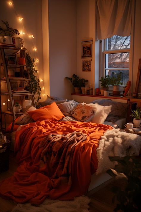 Boho aesthetic bedroom with orange bed, colorful lights, vibrant yet melancholic ambiance. Nostalgic and tranquil atmosphere. Cosy Autumn Bedroom Aesthetic, Autumn Core Bedroom, Orange Aesthetic Room Ideas, Halloween Bedroom Decor Aesthetic, Orange Bedding Ideas, Orange Aesthetic Bedroom, Bedroom Inspirations Cozy Warm, Orange Room Aesthetic, Hippie Bedroom Aesthetic