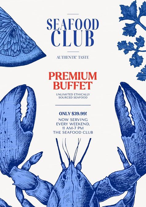 Posters For Restaurant, Seafood Festival Poster, Fish Restaurant Branding, Restaurant Poster Design Ideas, Yoga Creative Ads, Seafood Restaurant Branding, Restaurant Poster Design Creative, Seafood Poster Design, Fish Poster Design