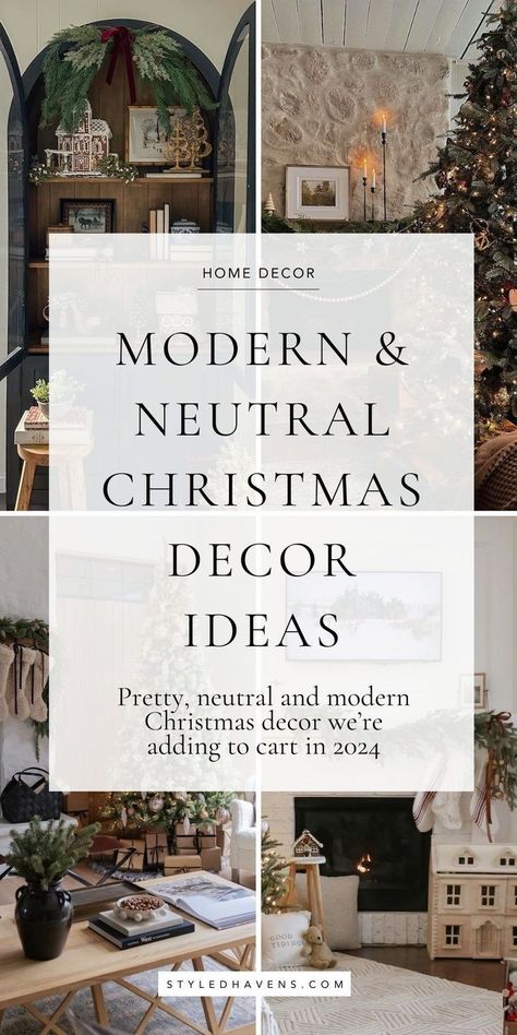 Planning your Christmas decor buys and looking for some pretty, modern Christmas decor ideas? We are major neutral Christmas decor girlies over here - and today we're sharing our very top picks for the most cozy Christmas decor that you can totally copy in your own home! From Christmas fireplace set-ups, to the perfect Christmas mantle - *THIS* is the Christmas decor inspiration we're going gaga for in 2024! Christmas Tree Inspiration Neutral, Fancy Christmas Decor Ideas, Organic Modern Christmas Mantle, Christmas Tree Shelf Decor, Fireplace Decor With No Mantle, Earth Tone Christmas Tree Decorations, Minimal Christmas Outdoor Decor, Pretty Mantle Decor, Simple Elegant Christmas Decor Ideas