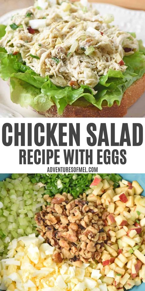 Let's make the best chicken salad recipe with eggs you've ever had. This is a super simple and easy recipe made with shredded chicken, eggs, apples, and walnuts. It's one of my family's all time favorite meals! Egg And Chicken Salad, Chicken Salad Recipe With Eggs, Chicken Salad With Eggs, Old Fashioned Chicken Salad, Recipe With Shredded Chicken, Chicken Egg Salad, Recipe With Eggs, Luncheon Recipes, Best Chicken Salad Recipe