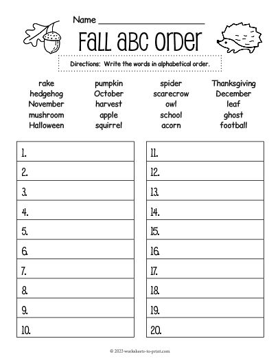 Free Printable Fall Alphabetizing Worksheet Summer Math Worksheets, Behavior Worksheets, Worksheets For Middle School, Abc Order Worksheet, Summer Vocabulary, Fall Worksheets, Middle School Ideas, Summer Worksheets, Graphing Worksheets