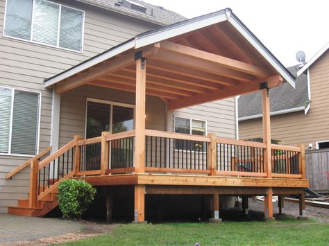 Fir timber framed roof cover over cedar deck. Built by Gunderson Construction. Deck Remodel, Pergola Diy, Cedar Deck, Patio Deck Designs, Deck Designs Backyard, Deck With Pergola, Backyard Porch, Pergola With Roof, Patio Roof