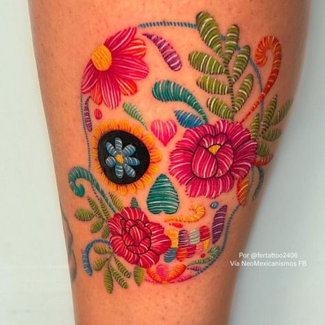 Mexican Art Tattoos For Women, Small Mexican Tattoo For Women, Mexican Culture Tattoo For Women, Mexican Tattoo For Women, Mexican Embroidery Tattoo, Mexican Traditional Tattoo, Embroidery Tattoo Ideas, Embroidered Tattoo, Mexican Tattoo