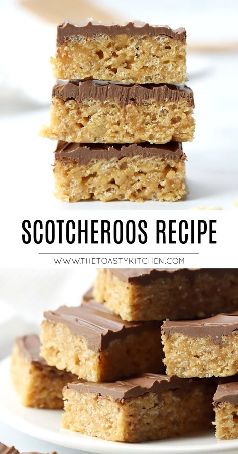 Scotcheroos recipe by The Toasty Kitchen. Scotcheroos are a sweet no-bake bar made with rice krispies cereal and peanut butter topped with rich butterscotch and chocolate. These no-bake bars are made with just six ingredients and are perfect for bake sales and potlucks! #scotcheroos #nobakebars #dessert #peanutbutterbars #ricekrispies #recipe Scotcheroos Recipe, Rice Krispies Cereal, Cheesecake Bar, Scrumptious Food, Cheesecake Bar Recipes, Dessert Bar Recipe, Easy To Make Desserts, Dark White, Butterscotch Chips