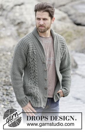 Finnley - Knitted DROPS men's jacket with cables and shawl collar in ”Lima”. Size: S - XXXL. - Free pattern by DROPS Design Mens Knitted Cardigan, Mens Knit Sweater, Knitting Patterns Free Cardigans, Zippered Cardigan, Knit Men, Knitting Wool, Patterned Cardigans, Mens Cardigan, Knitwear Men