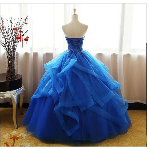 Ball Gowns For Teens, Sweet 16 Party Dress, Royal Blue Ball Gown, Blue Tulle Prom Dress, Ball Gowns Vintage, Blue Ball Gown, Organza Lace, Blue Ball Gowns, Quinceanera Dresses Blue