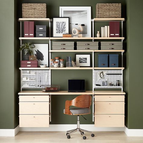 Elfa Home Office Ideas, Elfa Shelving Office, Elfa Desk Ideas, Elfa Office Ideas, Office Shelves Organization, Elfa Office, Small Office Storage, Home Office Shelves, Elfa Shelving