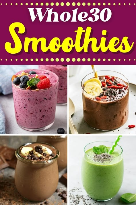 From green breakfast drinks to chocolatey snacks, these Whole30 smoothies are too good to resist. They're bright, filling, and chock-full of nutrients. Whole30 Breakfast Smoothie, Whole 30 Green Smoothie, Whole 30 Recipes Crockpot Whole30, Whole 30 No Egg Breakfast, Whole 30 Shakes, Whole 30 Breakfast Smoothie, Whole 30 Quick Breakfast, Whole 30 Drinks Approved, Whole30 Smoothie Recipes