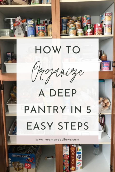 Organize A Deep Pantry, Deep Pantry Organization, Narrow Pantry, Kitchen Cupboard Organization, Deep Pantry, Small Pantry Organization, Organized Pantry, Pantry Organisation, Food Pantry Organizing