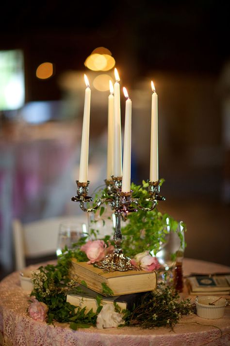 Book Wedding Centerpieces, Vintage Centerpiece, Vintage Wedding Centerpieces, Book Centerpieces, Candelabra Centerpiece, Vintage Centerpieces, Enchanted Forest Wedding, Rustic Barn Wedding, Whimsical Wedding