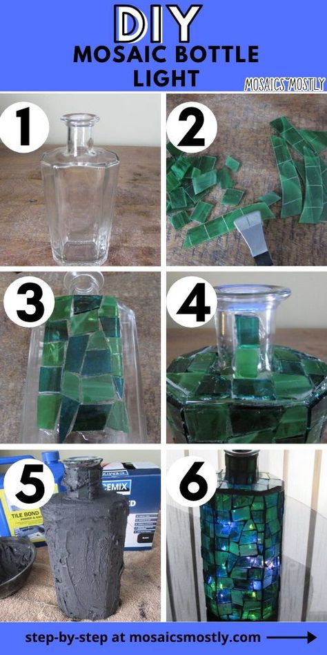 Create a lovely stained glass mosaic light out of a used bottle. Great mosaic beginners project and so inexpensive to create! Recycled Glass Mosaic, Mosaic Wine Bottles, Mosaic Bottles Ideas, Easy Mosaic Patterns For Beginners, Glass On Glass Mosaic Ideas, Easy Mosaic Projects For Beginners, Mosaic Diy Beginner, Mosaic Ideas Beginner, Mosaics For Beginners