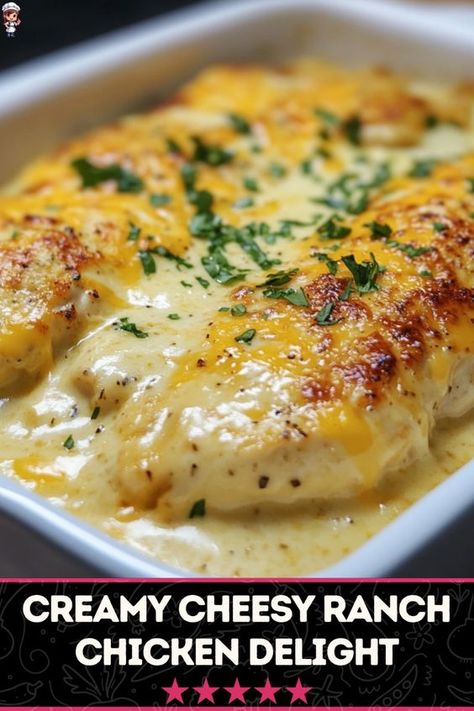 Delicious cheesy ranch chicken bake is a go-to recipe for easy dinners. This dish combines tender chicken with a creamy ranch and cheese topping that is sure to please. #DeliciousDinner #CheesyRanch #BakedChicken Baked Chicken Toppings, Chicken Casserole Cream Of Chicken, Yummy Baked Chicken, Cheesy Chicken Bake Easy, Easy Chicken And Cheese Recipes, Recipes With Baked Chicken, Chicken Cream Cheese Ranch Recipes, Creamy Baked Chicken Recipes Oven, Chicken Recipes Baked Easy