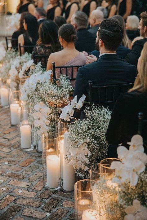 White Wedding Design, Wedding Ideas White And Black, Elegant Small Wedding Ideas, Baby Breathe Weddings, Flowers For A Black And White Wedding, Black Theme Weddings, Black Tie Cocktail Hour, White Floral Wedding Aisle, Wedding Candles And Flowers