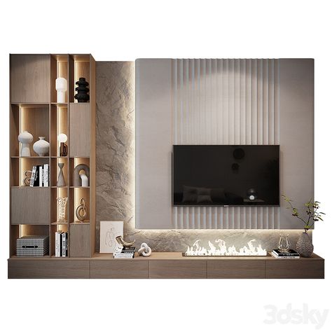 TV Shelf KTV156 - TV Wall - 3D model Tv Panel Design With Storage, 3d Tv Unit Design, Tv Unit Lighting, Hotel Tv Wall Design, Tv Panels For Living Room, Led Unit Design, Office Tv Wall Design, Tv Unit Light, Tv Unit Design For Bedroom