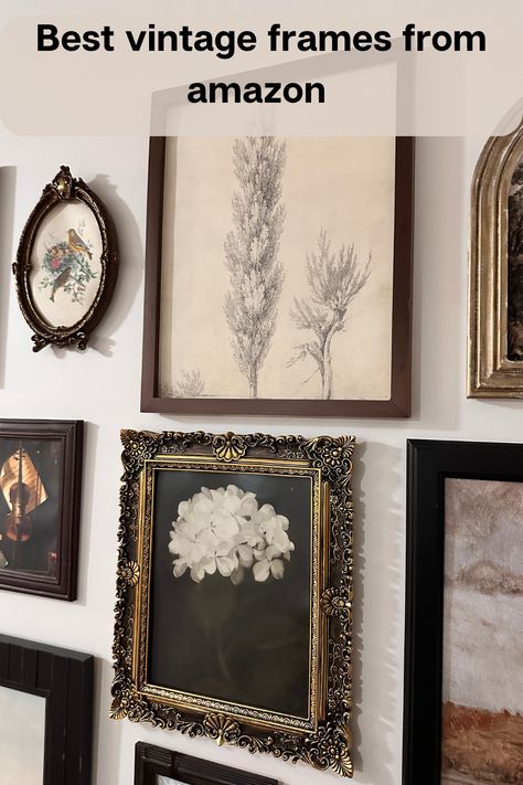 Picture Frame Around Thermostat, Ornate Picture Frames On The Wall, Vintage Gallery Wall Family Photos, Vintage Wall Gallery Ideas, Vintage Frame Collage, Vintage Picture Wall Ideas, Antique Picture Frames On The Wall, Collage Frame Ideas, Wedding Pictures Display At Home