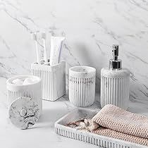 Vanity Tray Bathroom, White Bathroom Accessories Set, White Marble Bathroom, Bathroom Countertop Organizer, Marble Bathroom Accessories, Bathroom Containers, White Marble Bathrooms, Bathroom Tumbler, Boho Bathroom Decor