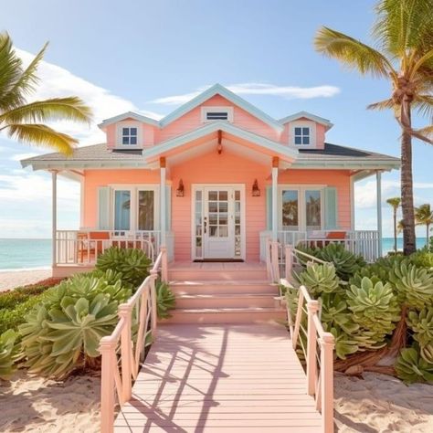 Coral Exterior House Colors, Pink Beach House Exterior, Small Beach House Aesthetic, Coral House Exterior, Pink And Blue House, Beach House Exterior Tropical, Pastel Beach House, Beach House Exterior Paint Colors, Coral Beach House