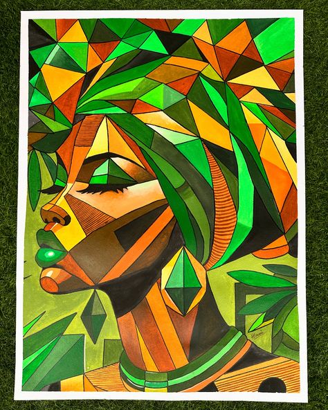 Emerald Reflections: A Geometric Portrait of Grace Size: 22" x 30" Live Edge Walnut Dining Table, Punch Embroidery, Geometric Portrait, Canvas Art Projects, Sip N Paint, African Art Paintings, Music Stickers, August 9, Abstract Painting Acrylic