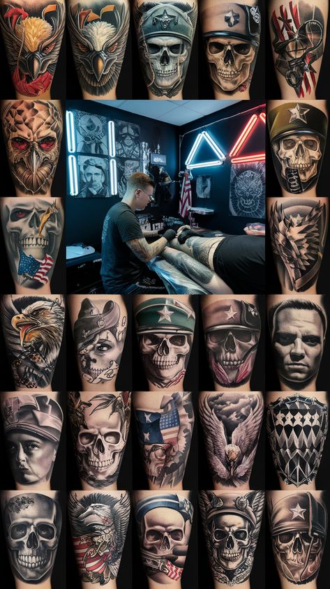 25 Epic Army Tattoos That Will Make You Want to Join the Forces (Check Out #12!) Military Tattoos For Men, Army Tattoo Ideas, Semper Fi Tattoo, Dog Tags Tattoo, Legacy Tattoo, Cousin Tattoos, Soldier Tattoo, Anime Tattoo Ideas, Military Tattoo