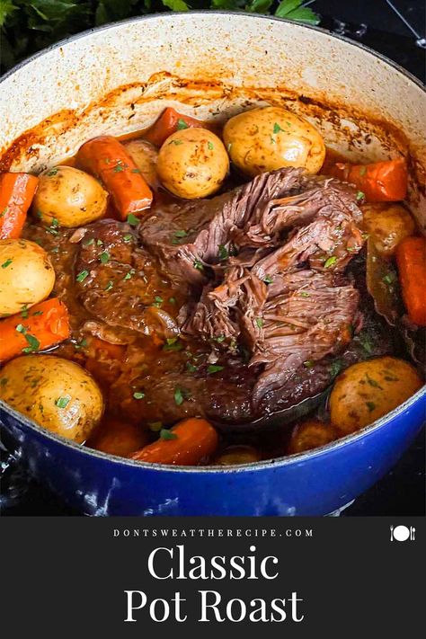 This Classic Pot Roast is the perfect comfort food. Tender braised melt-in-your mouth beef, creamy potatoes, and carrots, with a rich velvety broth. Roast Beef Recipes Oven, Roast Beef And Potatoes, Carrots In Oven, English Roast, Oven Pot Roast, Roast Gravy, Leftover Pot Roast, Perfect Pot Roast, Roasted Potatoes And Carrots