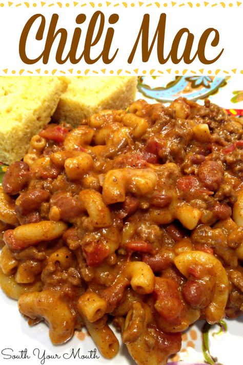 Creamy, cheesy, easy Chili Mac recipe with ground beef, chili beans and seasoning, macaroni pasta and gobs of cheese. #chilimac #chili #easy #groundbeef Easy Chili Mac Recipe, Homemade Chili Mac, Chili Mac Recipe Easy, Chilli Mac, Easy Chili Mac, Hearty Pasta Recipes, Chili Macaroni, Chili Mac Recipe, Recipe With Ground Beef