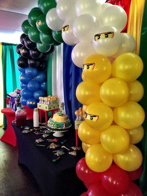 Bryan's 8th Birthday | CatchMyParty.com Ninjago Birthday Decorations, Ninjago Balloons, Ninjago Party Decorations, Diy Lego Party, Ninjago Birthday Party Ideas, Lego Ninjago Birthday Party, Ninjago Party Ideas, Ninja Themed Birthday Party, Lego Party Decorations